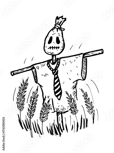 Espantapájaros dibujo a mano halloween vectorial editable con trigo y cara triste