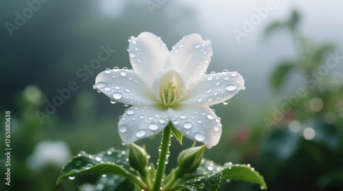  a white lily with water droplets on it, surrounded by lush green leaves The background is slightly blurred, giving the flower a soft and dreamy look