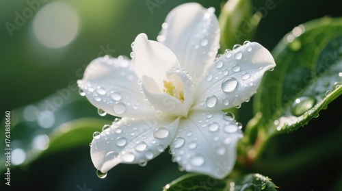  a white jasmine flower with water droplets glistening on its petals and leaves, set against a blurred background