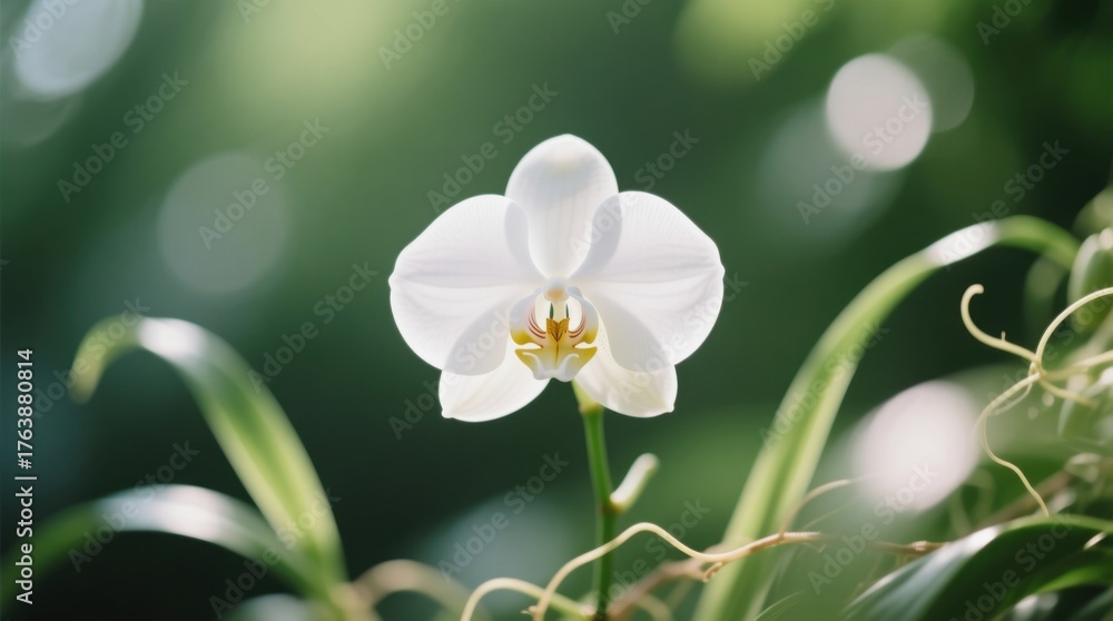 Obraz premium a white orchid flower with green leaves in the background, set against a blurred backdrop The flower is in full bloom, with its petals spread wide and its center a