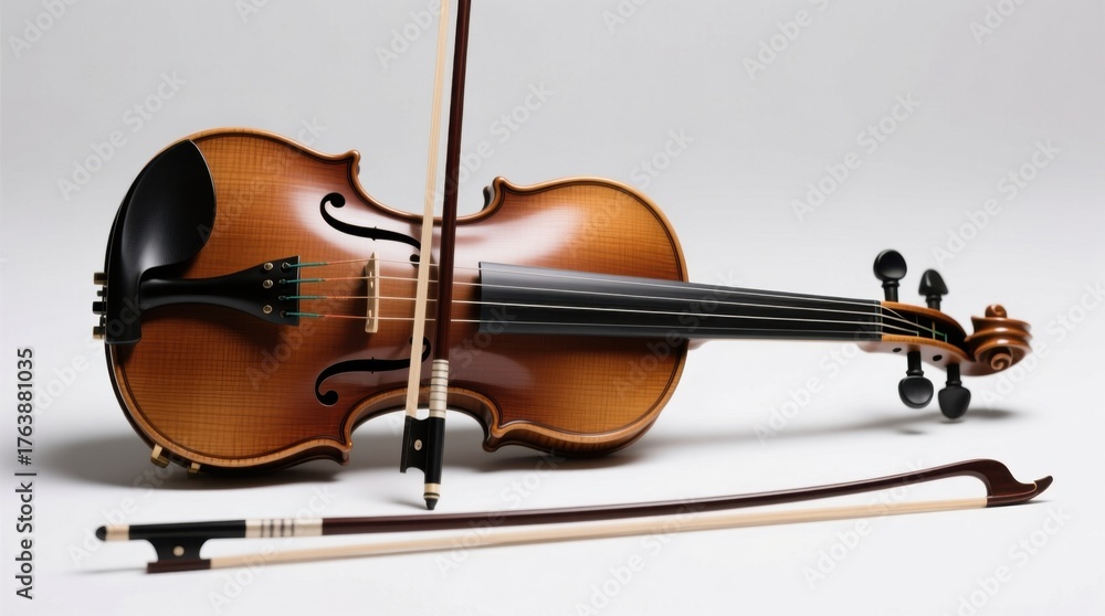 Fototapeta premium a brown violin with its bow resting on a white surface The bow is made of wood and has a curved shape with a pointed end The strings of the violin are made of met