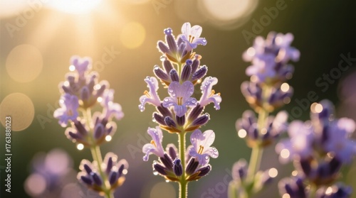  a field of lavender flowers with water droplets glistening on their petals, illuminated by the warm light of the setting sun The background is slightly blurred, ad