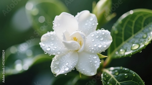  a white gardenia flower with water droplets glistening on its petals and leaves, set against a blurred background