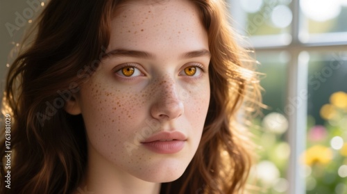  a woman with freckles on her face looking out a window, with a blurred background