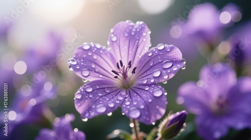  a vibrant purple flower with water droplets glistening on its petals, set against a blurred background