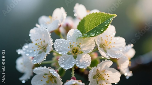  a close up of a white flower with water droplets on it, surrounded by lush green leaves The background is slightly blurred, giving the flower a soft and dreamy loo
