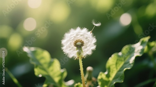  a white dandelion with its stem and leaves blowing in the wind, set against a blurred background