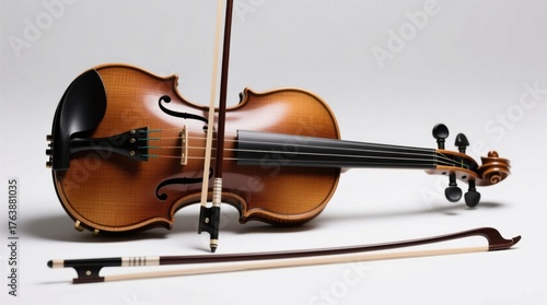  a brown violin with its bow resting on a white surface The bow is made of wood and has a curved shape with a pointed end The strings of the violin are made of met