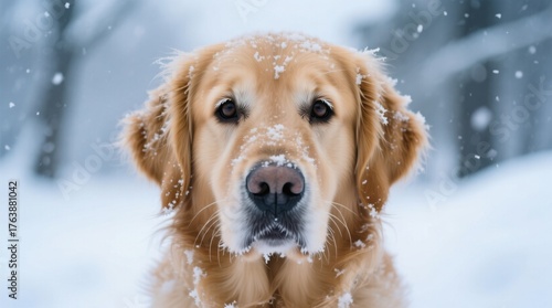  a golden retriever dog sitting in the snow, surrounded by a wintery landscape of trees covered in a blanket of snow The background is slightly blurred, giving the