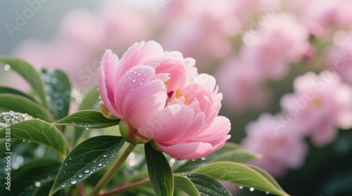  a pink peony flower with water droplets on it, surrounded by lush green leaves The background is slightly blurred, giving the flower a soft and dreamy look