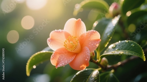  a vibrant orange flower with water droplets glistening on its petals, surrounded by lush green leaves The background is slightly blurred, giving the flower a sense