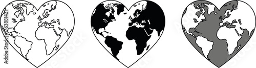 World Map in Heart Shape Three Different Styles for Global Love and Connectivity