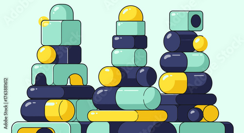 Fun Stacking Blocks Illustration in Teal, Yellow, and Navy