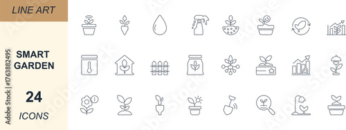 Smart garden line icon set with plant, soil, water, sensor, seed, eco, greenhouse, growth, compost, and solar symbols.  perfect for UI, apps, and eco branding.