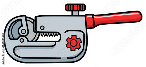 Close-up of a sanitary clamp tool with red handle and adjustable knob for plumbing or industrial applications