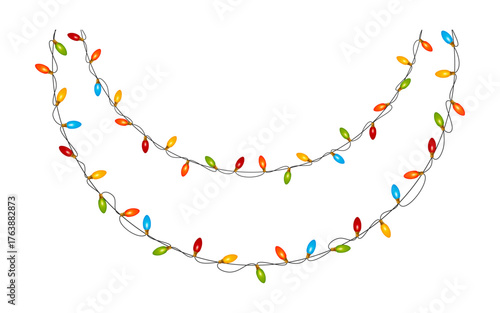 Colorful Christmas hanging garland. Decorative holiday string lights isolated on white background. Vector illustration.
