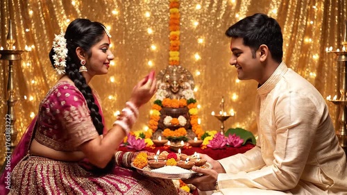 Sacred Bhai Dooj Scene Sister Performing Ritual Prayer in Front of Brother Surrounded by Bright Diyas Lotus Flowers Golden Cloth Backdrop Capturing Spiritual Light and Sibling Bond in Vibrant Colors