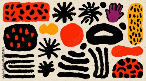 Abstract geometric and organic shapes in a textured mudcloth-style pattern with high-contrast colors.