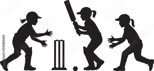 Three children silhouettes playing cricket with bat wickets and ball sport kids