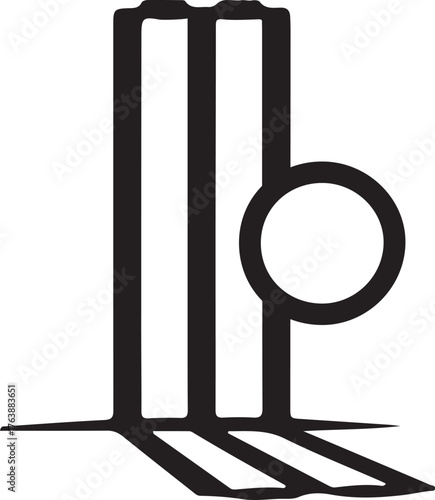 Black cricket stumps and ball icon with shadow wicket sport