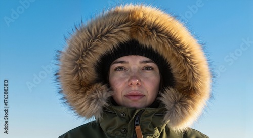 Woman in parka with fur hood standing outdoors in winter landscape  