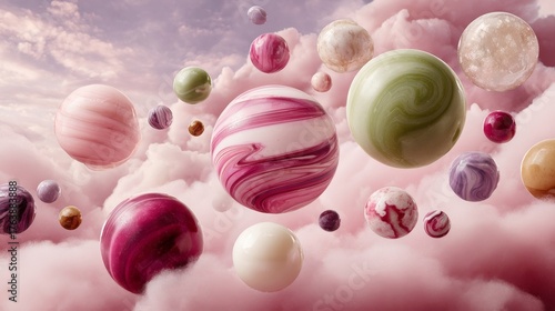 Floating marbled spheres and glossy colorful orbs suspended in a dreamy, vibrant pink cloudscape.