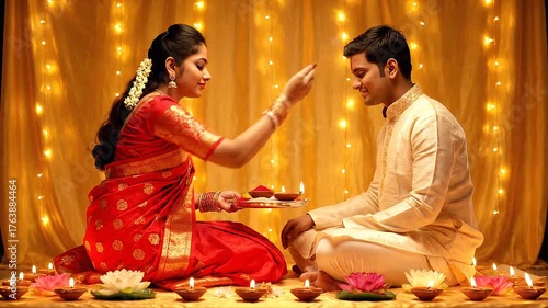 Sacred Bhai Dooj Scene Sister Performing Ritual Prayer in Front of Brother Surrounded by Bright Diyas Lotus Flowers Golden Cloth Backdrop Capturing Spiritual Light and Sibling Bond in Vibrant Colors
