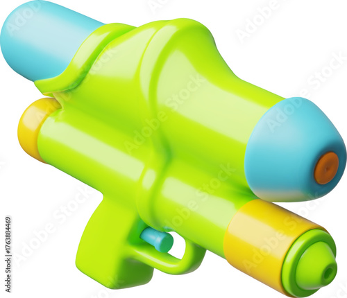 Water gun with refill water reservoir 3D cartoon plastic style, vector green game blaster kids spraying weapon toy