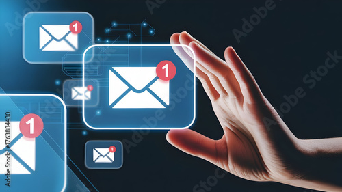 E-mail notifications: A hand interacting with digital envelopes indicating unread messages, symbolizing the modern communication and information exchange. 