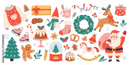 Cute Christmas festive elements set. Santa, snowman, gifts, festive pastry, candies, garland, reindeer, gingerbreads, skates. Cute winter holiday stickers. Flat vector illustration on white background