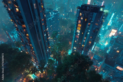 Bright Neon Cityscape at Night With Towering Buildings Surrounded by Greenery and Glowing Lights