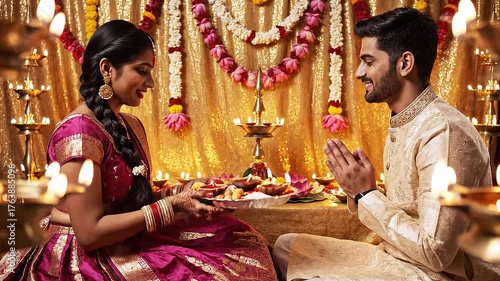 Sacred Bhai Dooj Scene Sister Performing Ritual Prayer in Front of Brother Surrounded by Bright Diyas Lotus Flowers Golden Cloth Backdrop Capturing Spiritual Light and Sibling Bond in Vibrant Colors