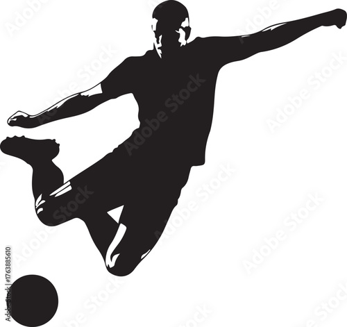 Black silhouette of a male soccer player kicking a ball in mid-air football