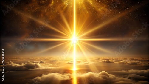 Golden sunbeam shining from the heavens above the clouds, illuminating the sky and reflecting on the water below