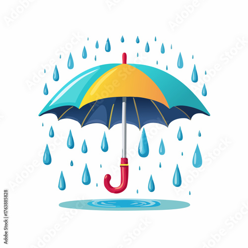 Colorful umbrella protects from rain with water drops around.