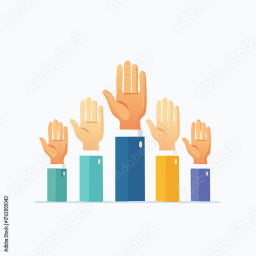 Diverse group of people raising hands for a vote.