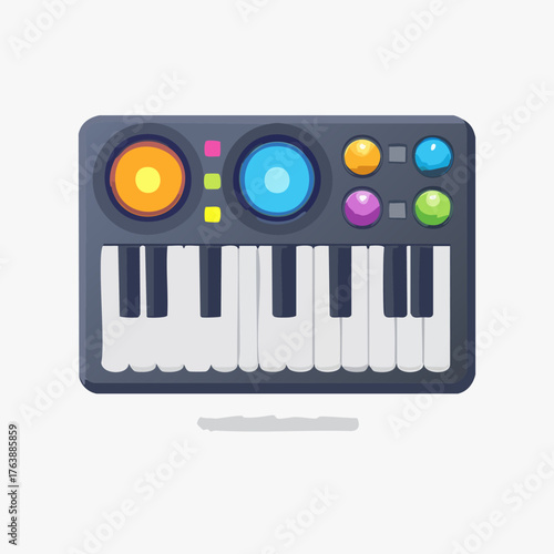 Digital synthesizer keyboard with colorful knobs and buttons.
