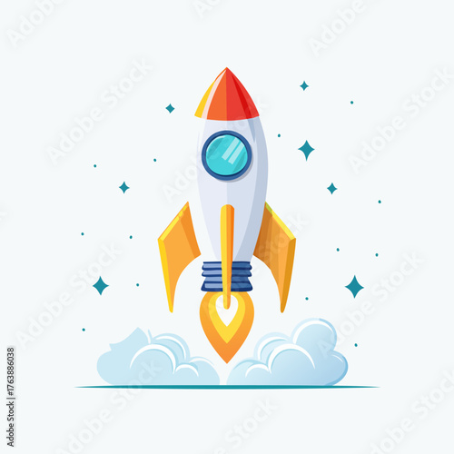 Rocket Launching into Space with Stars and Clouds.