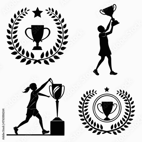 Vector art of black and white vector illustration of trophy and champion