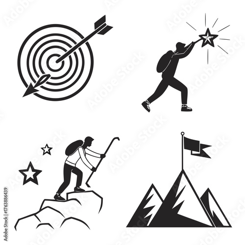 Vector art of set of vector icons representing business goals and achievements