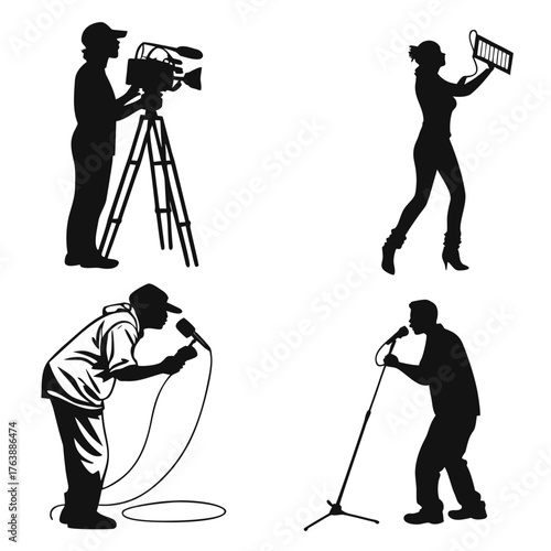 Vector art of set of silhouette people with microphone and camera