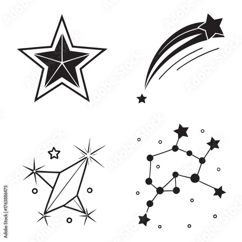 Vector art of four celestial star icons featuring constellations and shooting stars