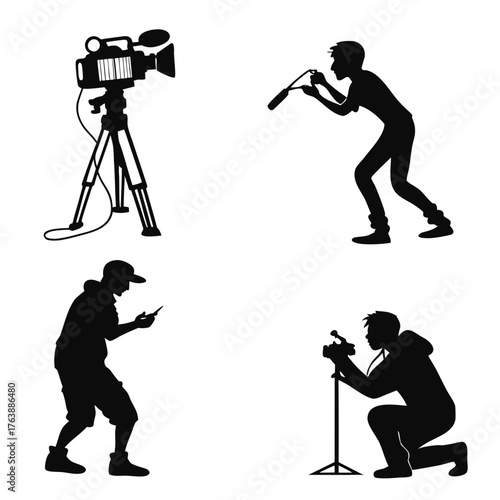 Vector art of set of silhouette people with microphone and camera