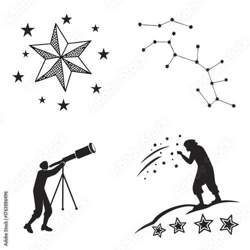 Vector art of four star gazing icons featuring constellations and a telescope