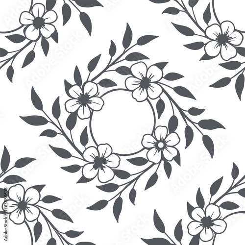 Seamless floral wreath pattern with elegant leaves and blossoms. Black and white botanical design for fabric, wallpaper, and wrapping paper. Minimal, modern, and decorative background.