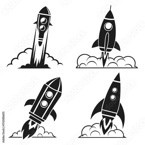 Vector art of rocket launch silhouettes spacecraft flying with smoke