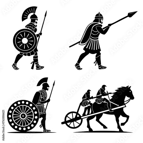 Vector art of ancient warriors silhouettes spartan soldiers with spears