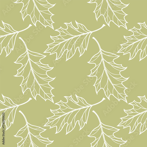 Seamless oak leaf pattern on a soft green background. Hand-drawn botanical foliage design for elegant nature themes. Perfect for fabric, wallpaper, wrapping paper 