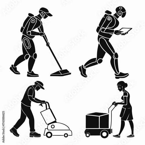 Vector art of set of black and white vector illustration of robot worker