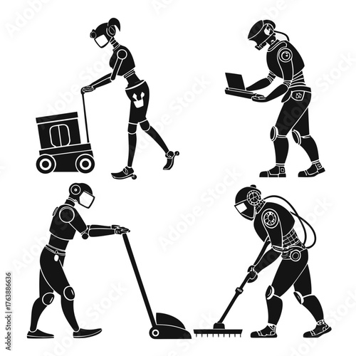 Vector art of set of black and white vector illustration of robot